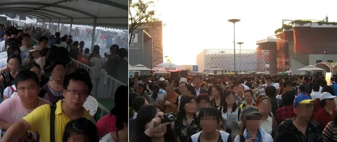 图为网友共享确当年世博会游客进场的列队相片