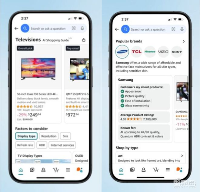 ▲借助AI导购在亚马逊App中挑选电视机（图源：The Verge）