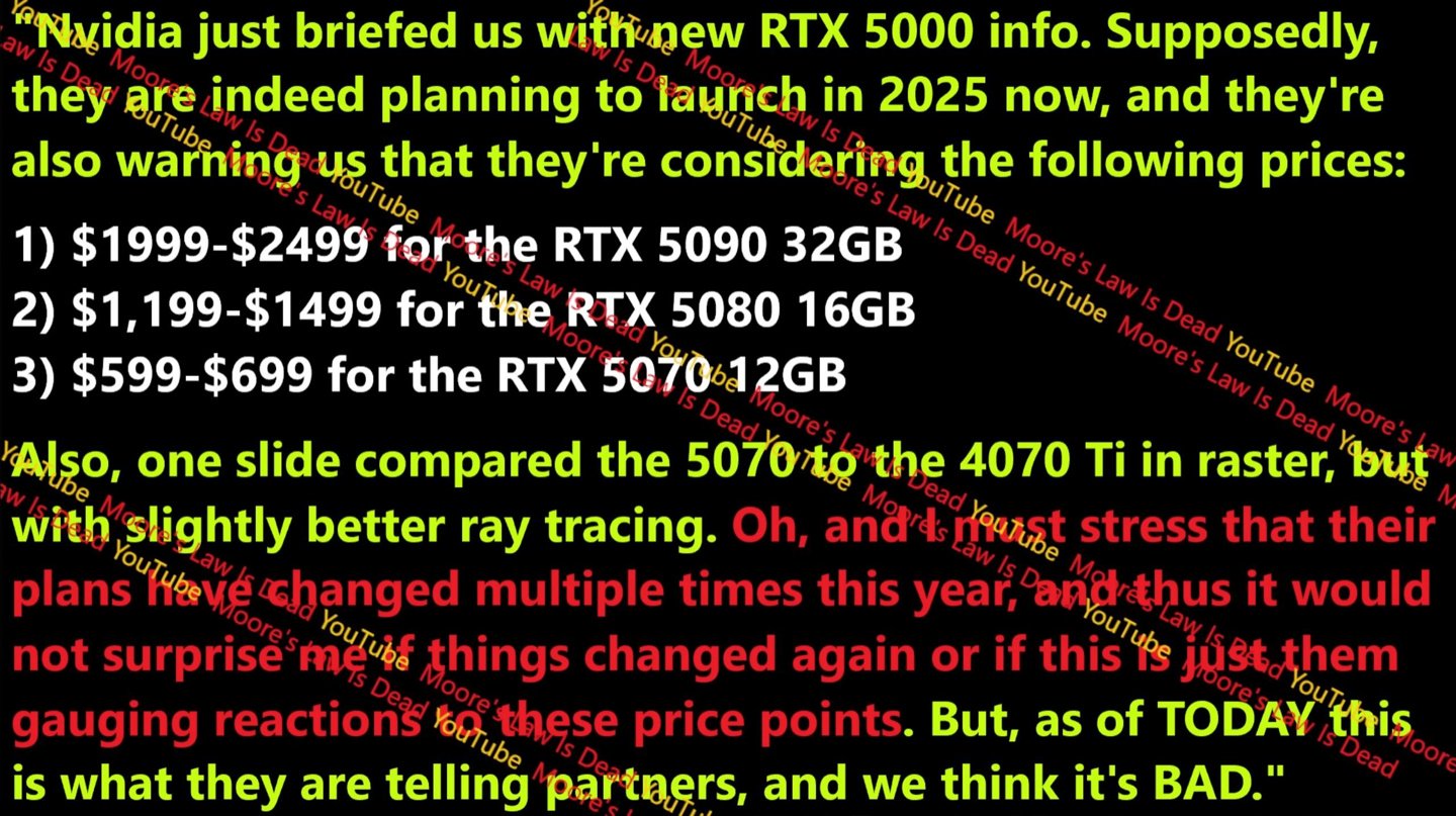 英伟达RTX 50 系列显卡售价曝料：5090 预估1999~2499 美元