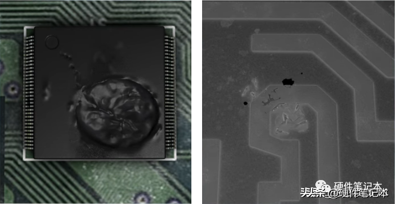 集成电路封装（左）和管芯（右）上的极端 ESD 损坏