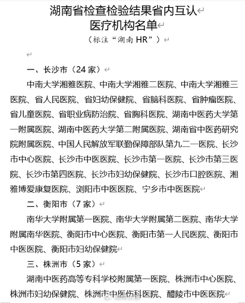 目前,湖南省内互认机构在检查检验报告单右上角标注"湖南hr";市州区域
