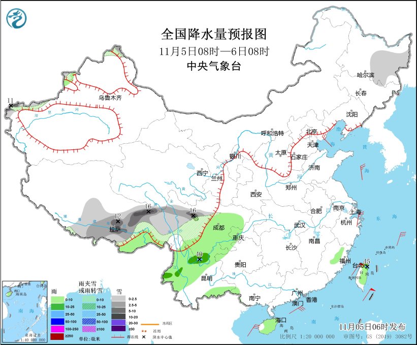 图1 全国降水量预报图(11月5日08时-6日08时)