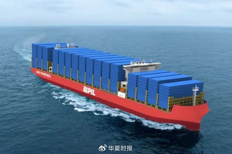 沪东中华自主研发诡计9000TEU液化自然气（LNG）双燃料能源集装箱船。 图源：沪东中华公号