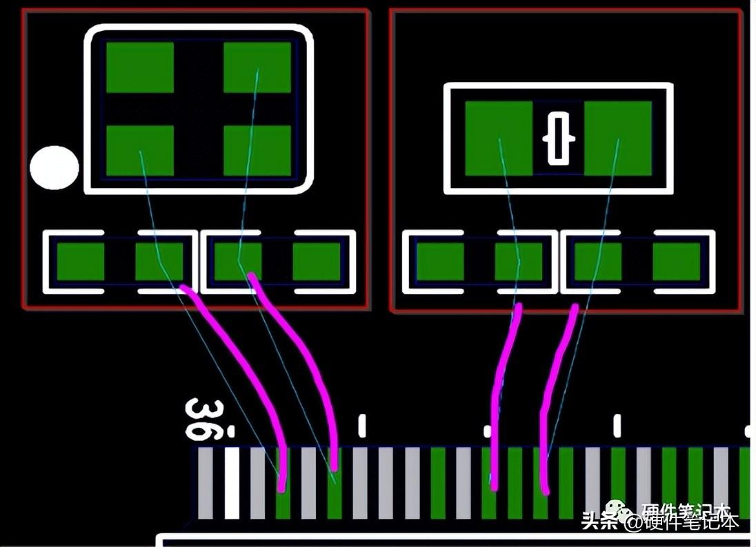 布线时，晶体的一对线要走成类差分的形式，线尽量短、且要加粗并进行包地处理，效果如下图：