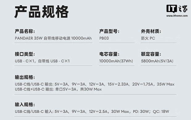 京东魅族（MEIZU）PANDAER 35W 自带线移动电源10000mAh（37Wh）| 双口输入输出首发 165 元直达链接