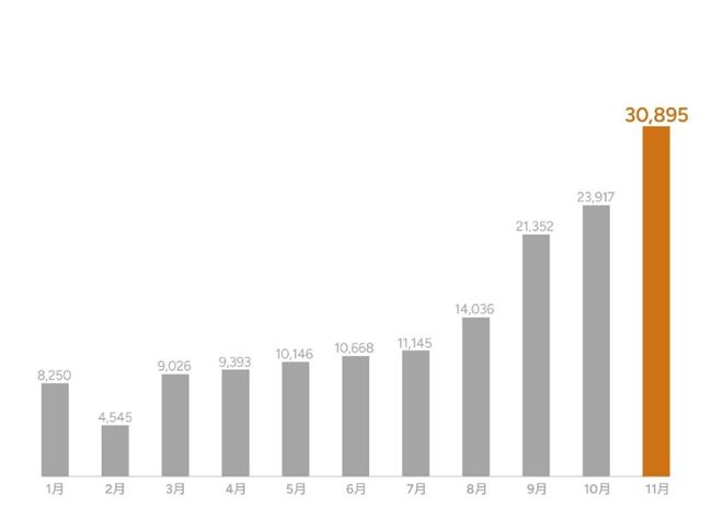 2024年1-11月小鹏汽车单月交付量（图片来源：小鹏汽车官微）