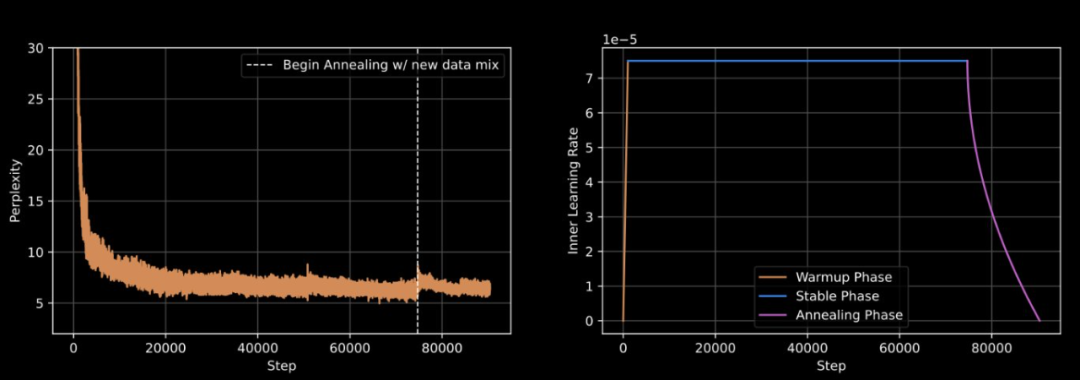 训练动态图展示了整个训练过程中模型困惑度和学习率的变化，包括预热阶段、稳定阶段和退火阶段。