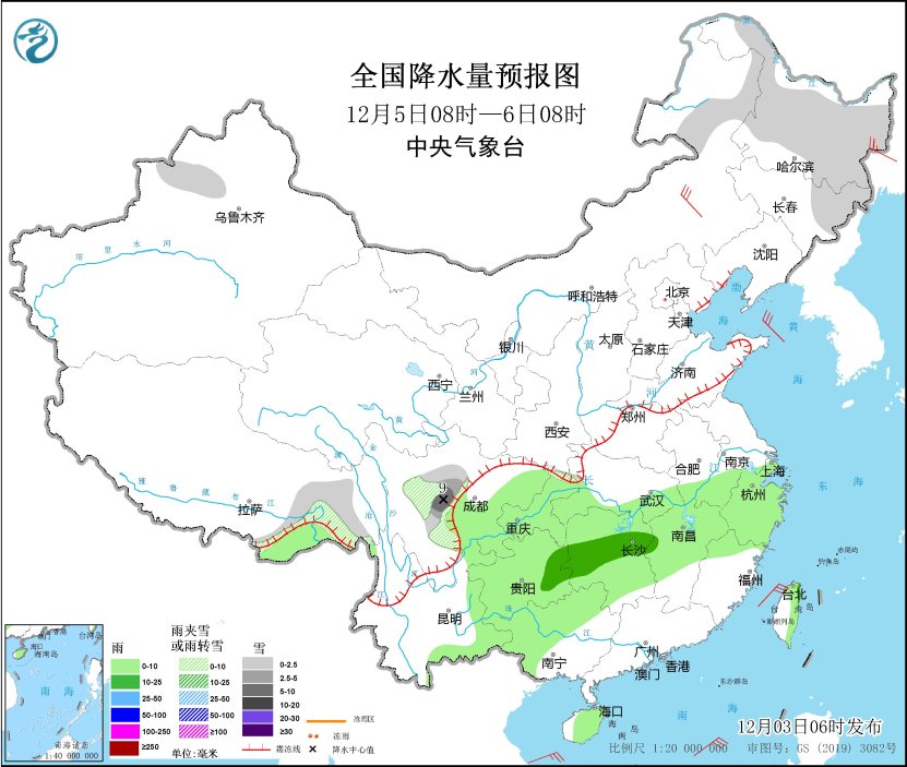 图3 全国降水量预报图（12月5日08时-6日08时）