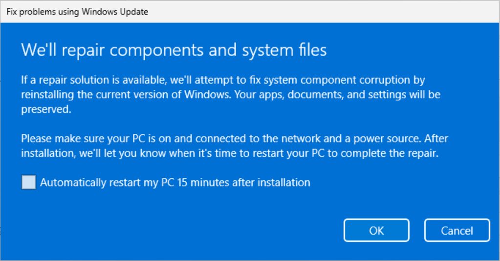 微软详解 Win11“使用 Windows Update 修复问题”功能：保留数据下重装当前版本系统