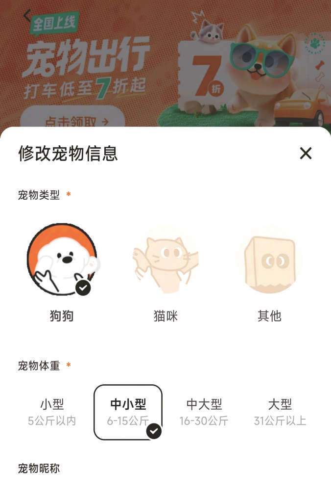     “滴滴宠物出行”页面截图。