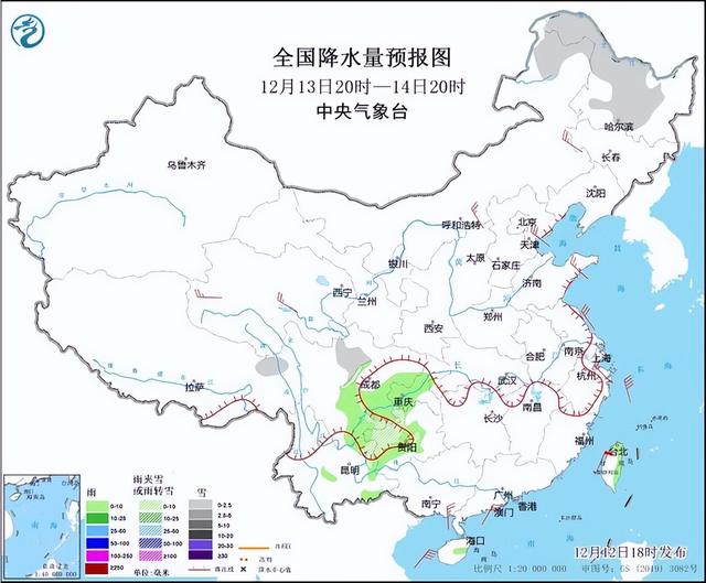 图3 全国降水量预报图（12月13日20时-14日20时）