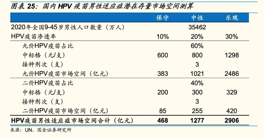 国内HPV疫苗男性适应症潜在存量市场空间测算/图源：国金证券研究所