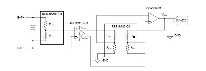 图3 接纳RES60A-Q1、RES11A-Q1和AMC1311B-Q1的电板电压测量电路