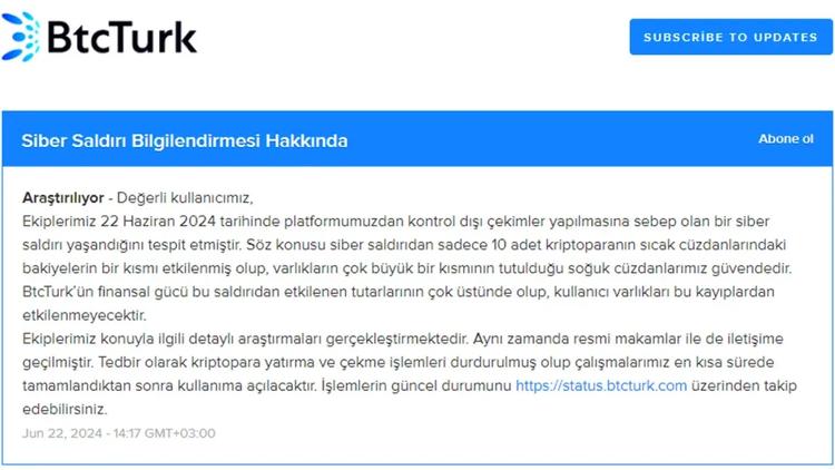 BtcTurk 官方发布被攻击公告
