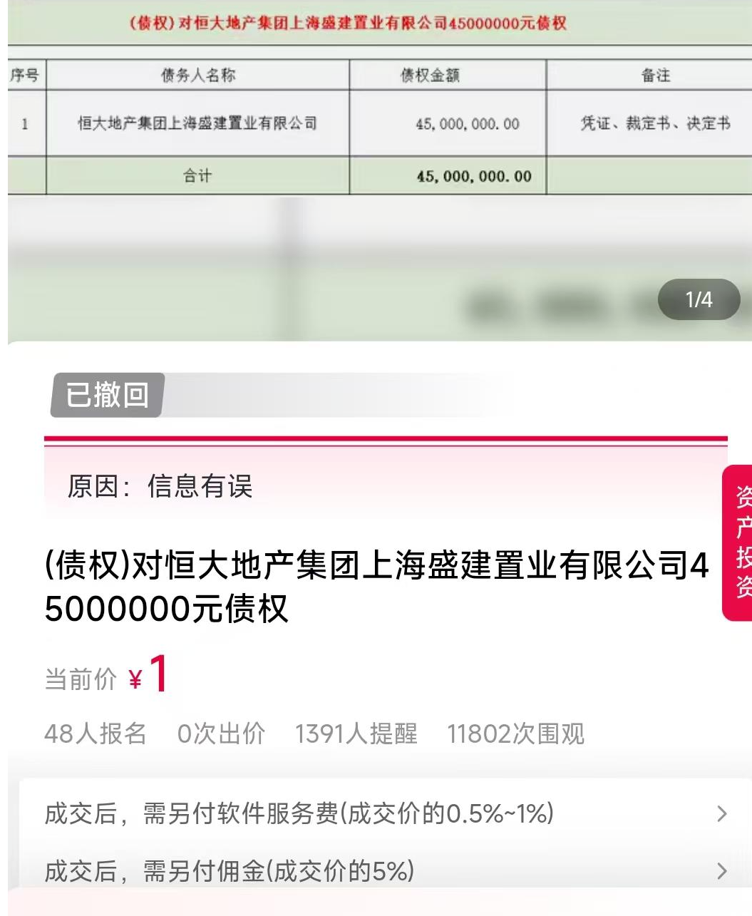 ▲“对恒大地产集团上海盛建置业有限公司4500万元债权”已撤拍