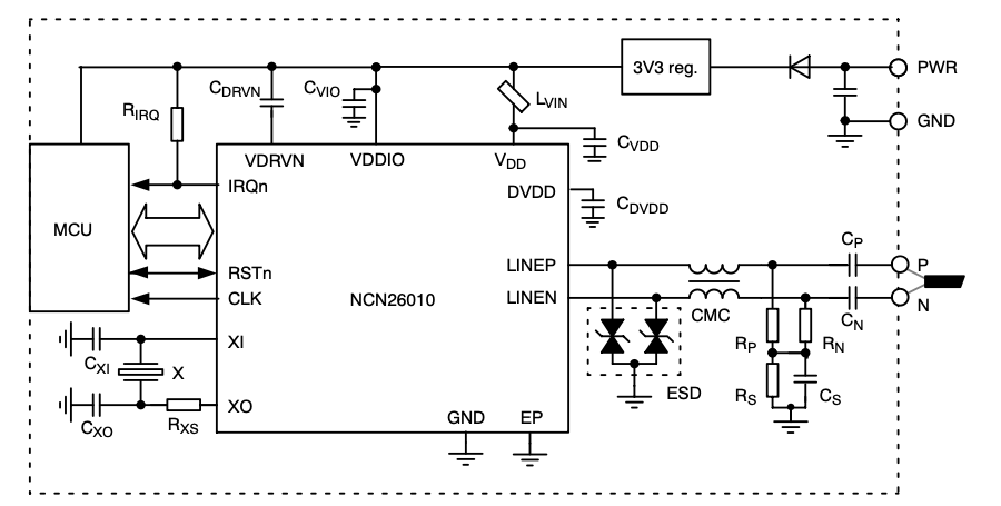 图2 NCN26010基本框图，标示了外部元器件