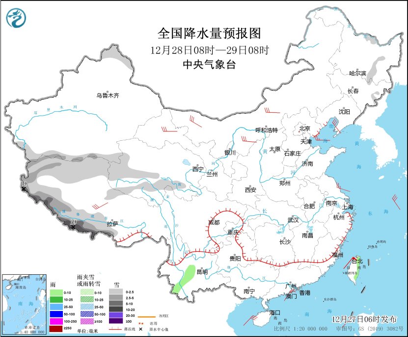 图3 全国降水量预报图（12月28日08时-29日08时）