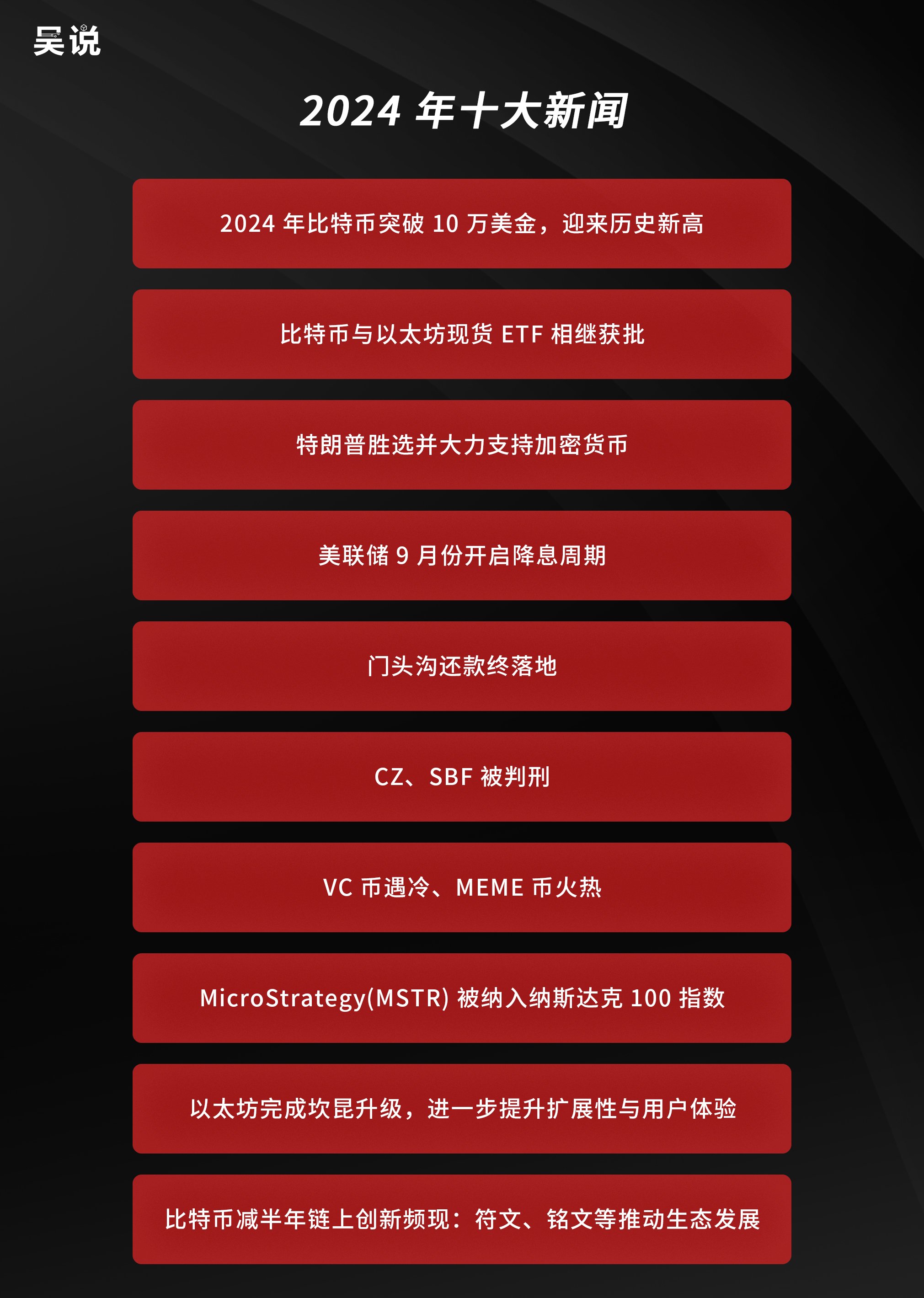 2024 年十大新闻：比特币突破10 万美金、比特币和以太坊现货ETF 获批、特朗普胜选并力挺加密货币与新闻Top10