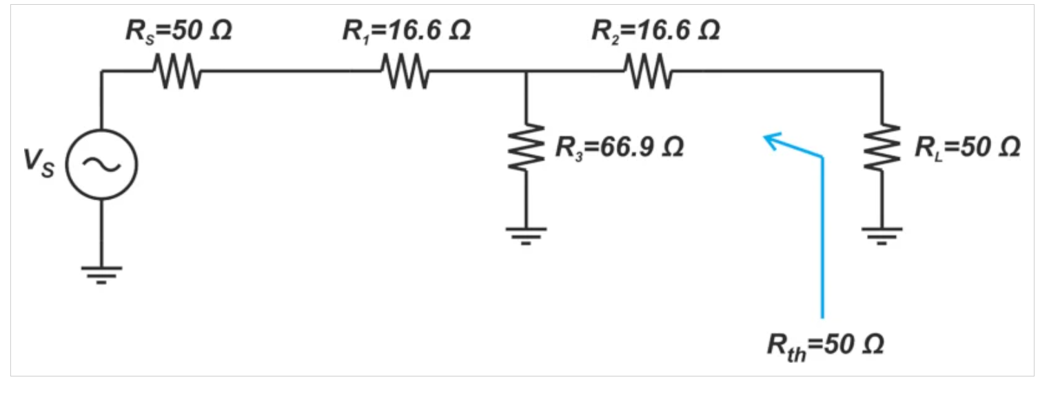图3显示50Ω衰减器以及输入和输出端子的示意图