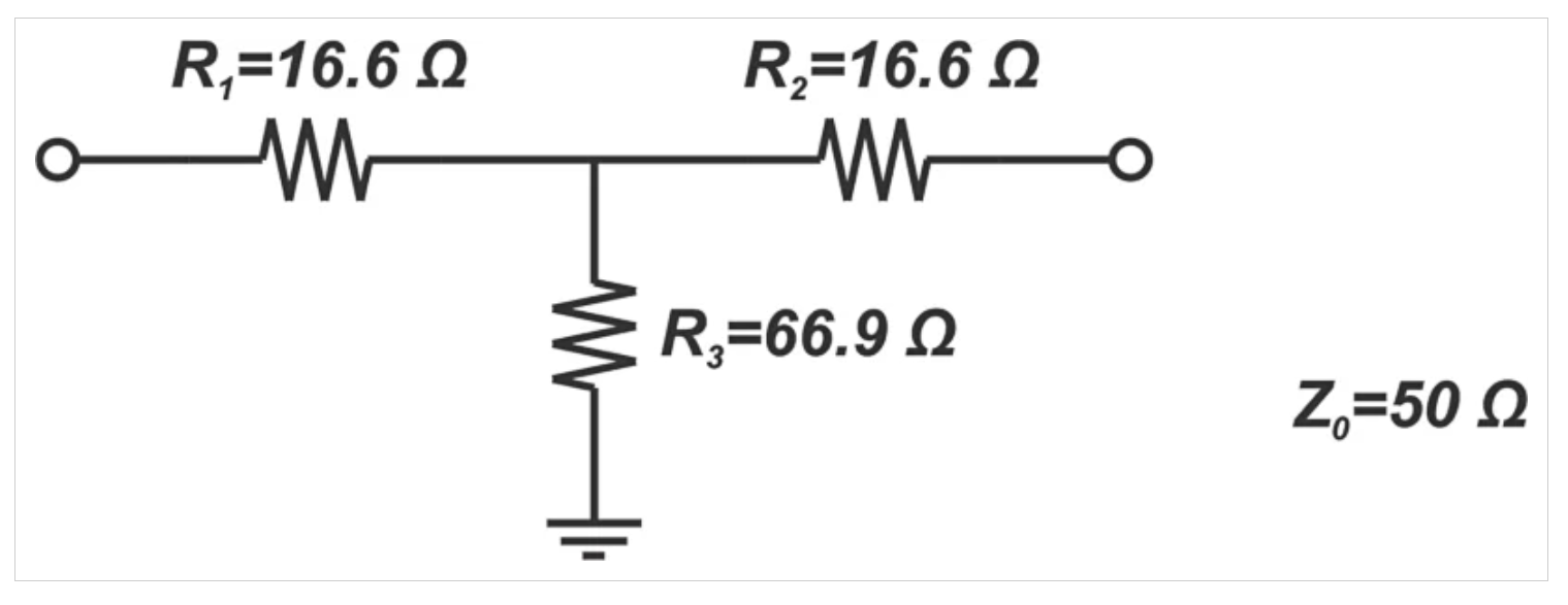 图2为50Ω系统设计的6 dB T型衰减器的示例图
