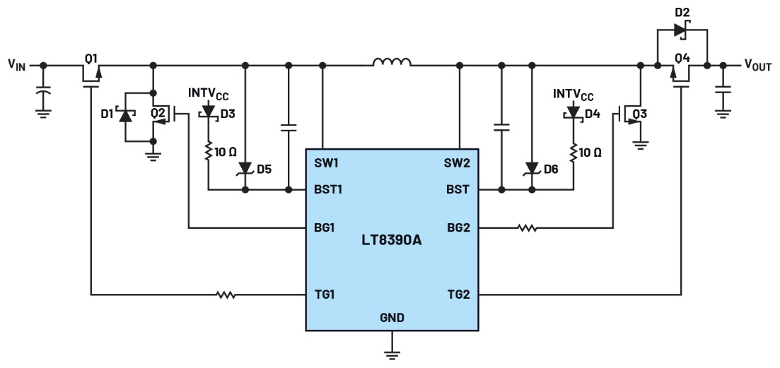 图2 带有GaN控制保护元件的简化四开关降压-升压GaN控制器原理图