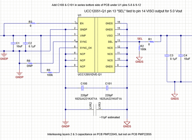 图 1. 隔离式 5V 参考设计中直流/直流转换器的初级和次级接口，其中显示增加了旁路电容器 C100 和 C101 以及交错内层电容