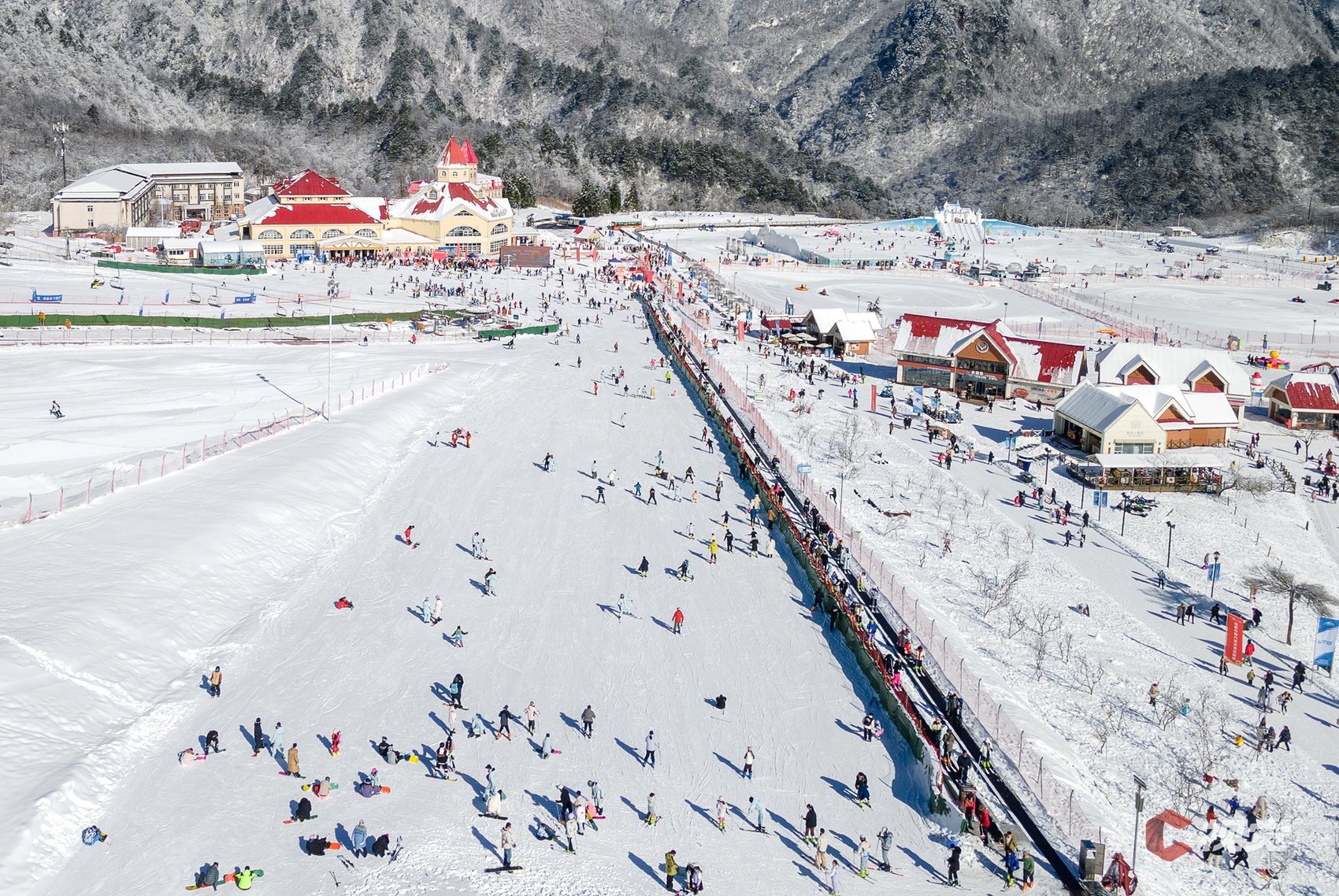 1月11日,成都市大邑县西岭雪山滑雪场,游客在乐享滑雪,享受冰雪运动