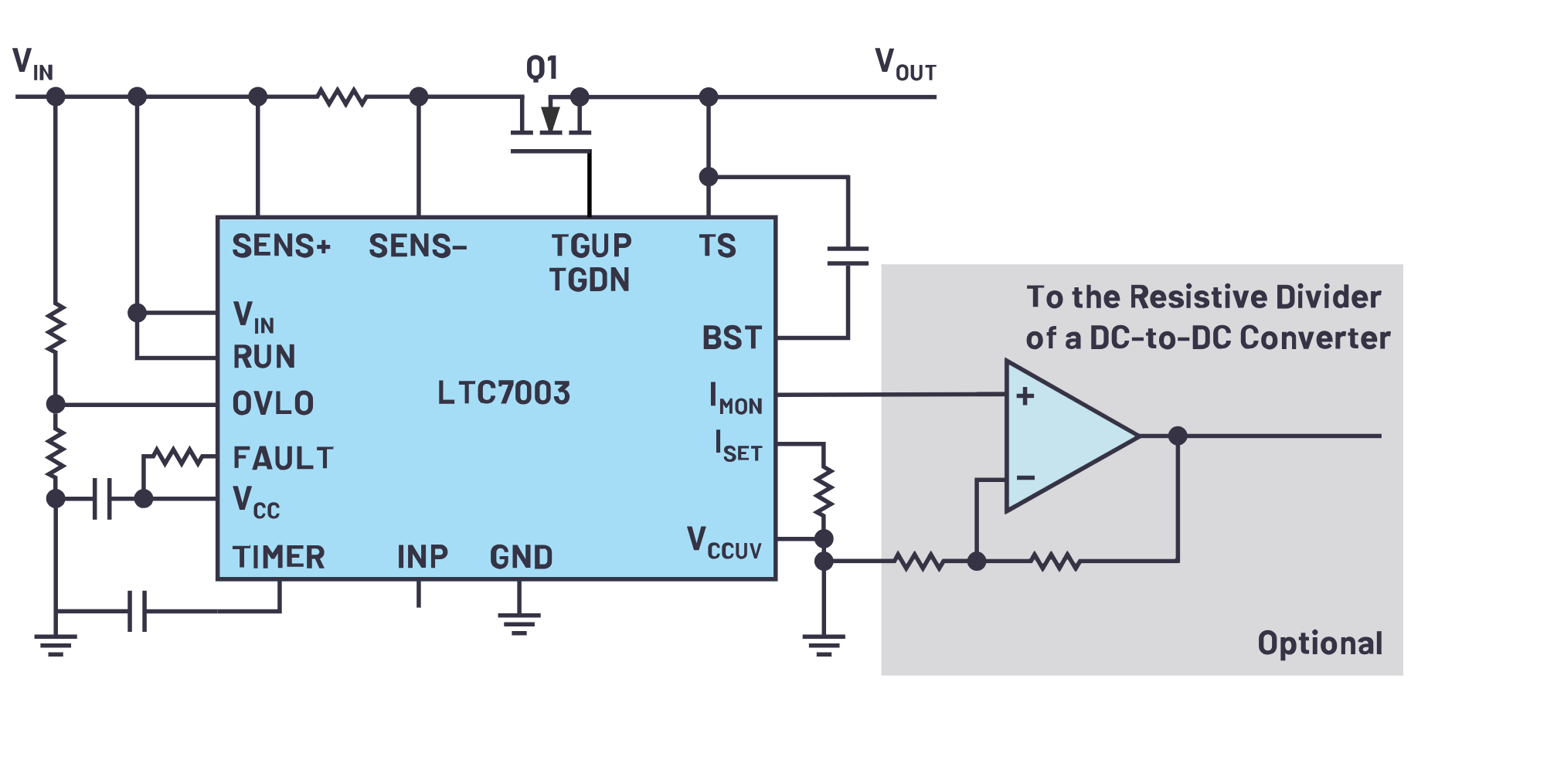 图3.使用LTC7003来限流的电路。