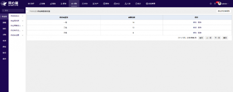 同心雁S-ERP医疗器械行业系列供应商级别设置(局部图)