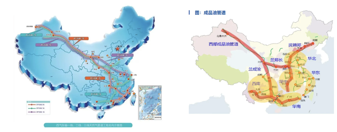 西气东输管道工程走向示意图（左图），西部成品油管道连接华东（右图），资料来源：华创化工，和谐汇一研究部