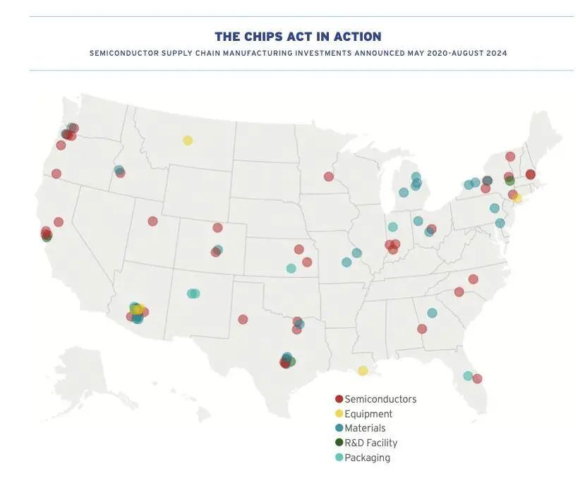 与《芯片法案》相关，美国2020年5月-2024年8月半导体制造和供应商宣布的投资项目地域分布