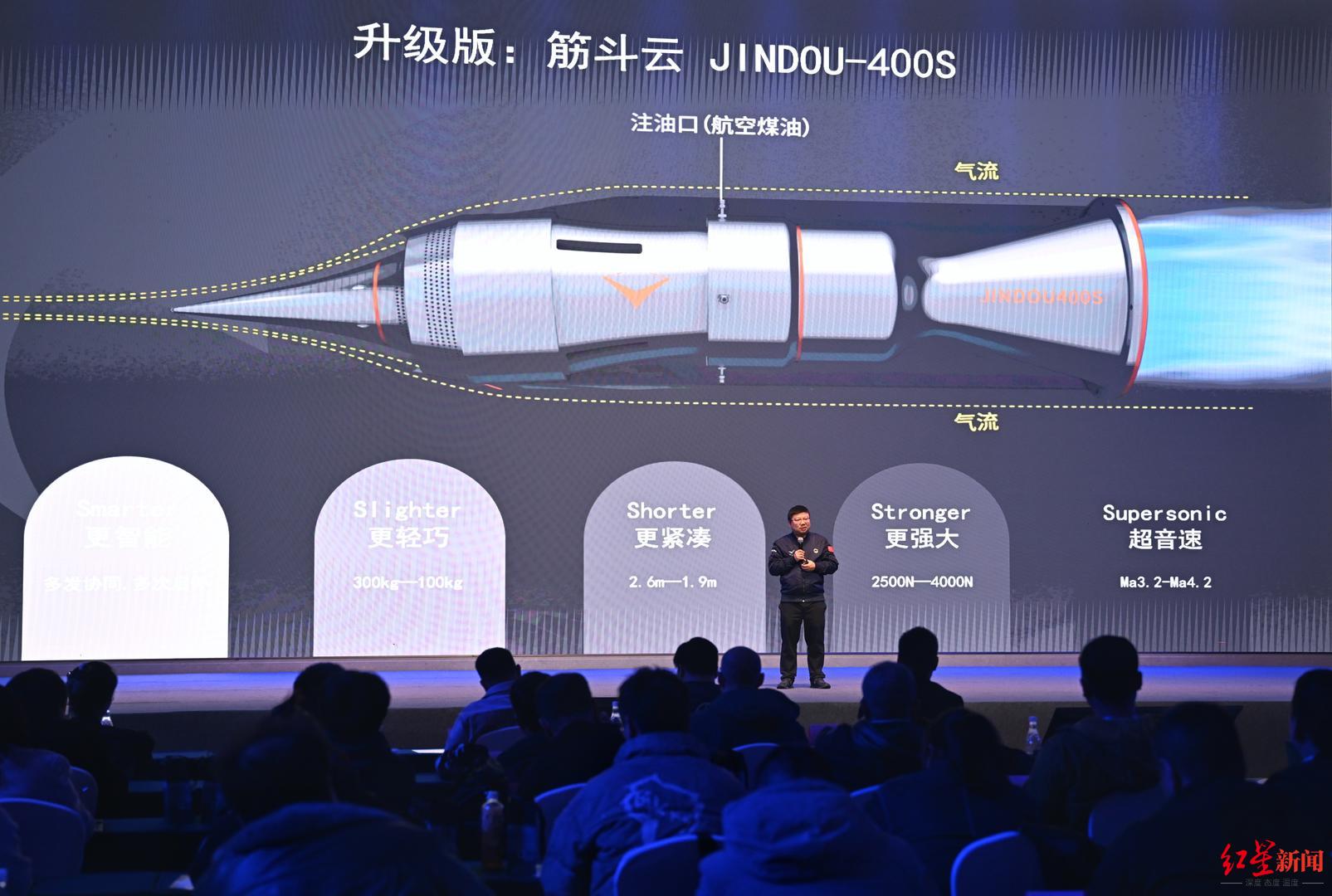 ▲邓帆介绍“筋斗云”发动机“JINDOU-400S”