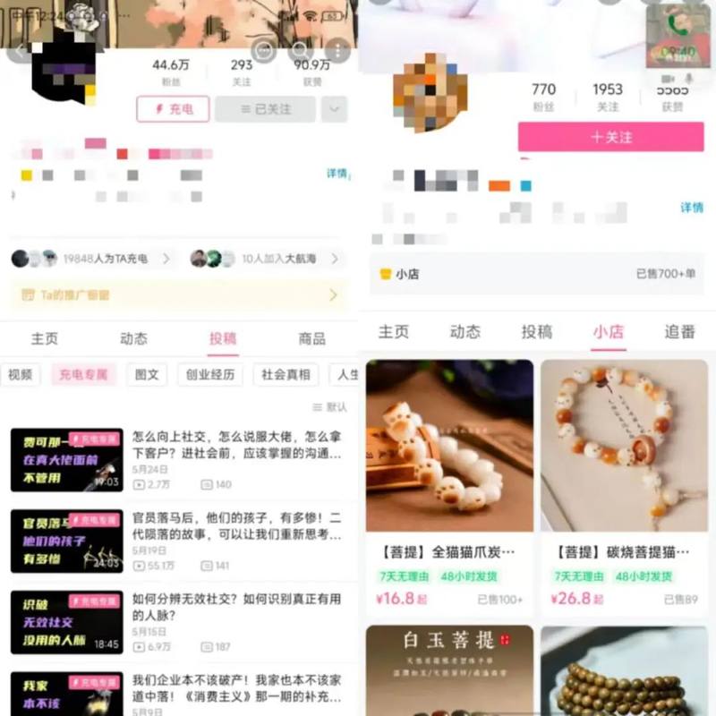 图注：左为原带有橱窗功能的UP主界面，右为带有“小店”功能的UP主界面。