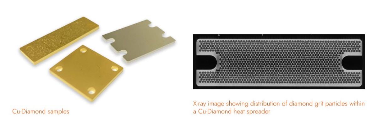 ▲ 左侧为复合材料样品，右侧为散热器中金刚石微粒的分布
