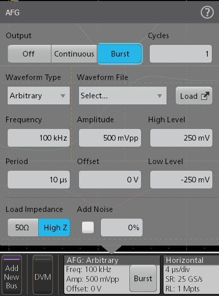 图6 AFG设置对话框。对于DPT，使用任意波形提供栅极驱动信号