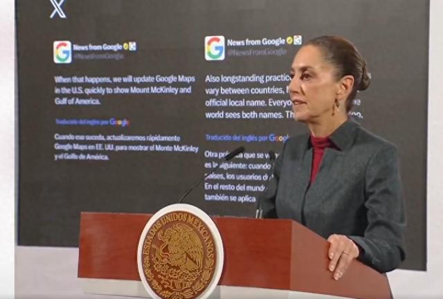 当地时间1月29日，墨西哥总统辛鲍姆在例行新闻发布会上表示墨西哥将致函谷歌。图为讲话视频截图