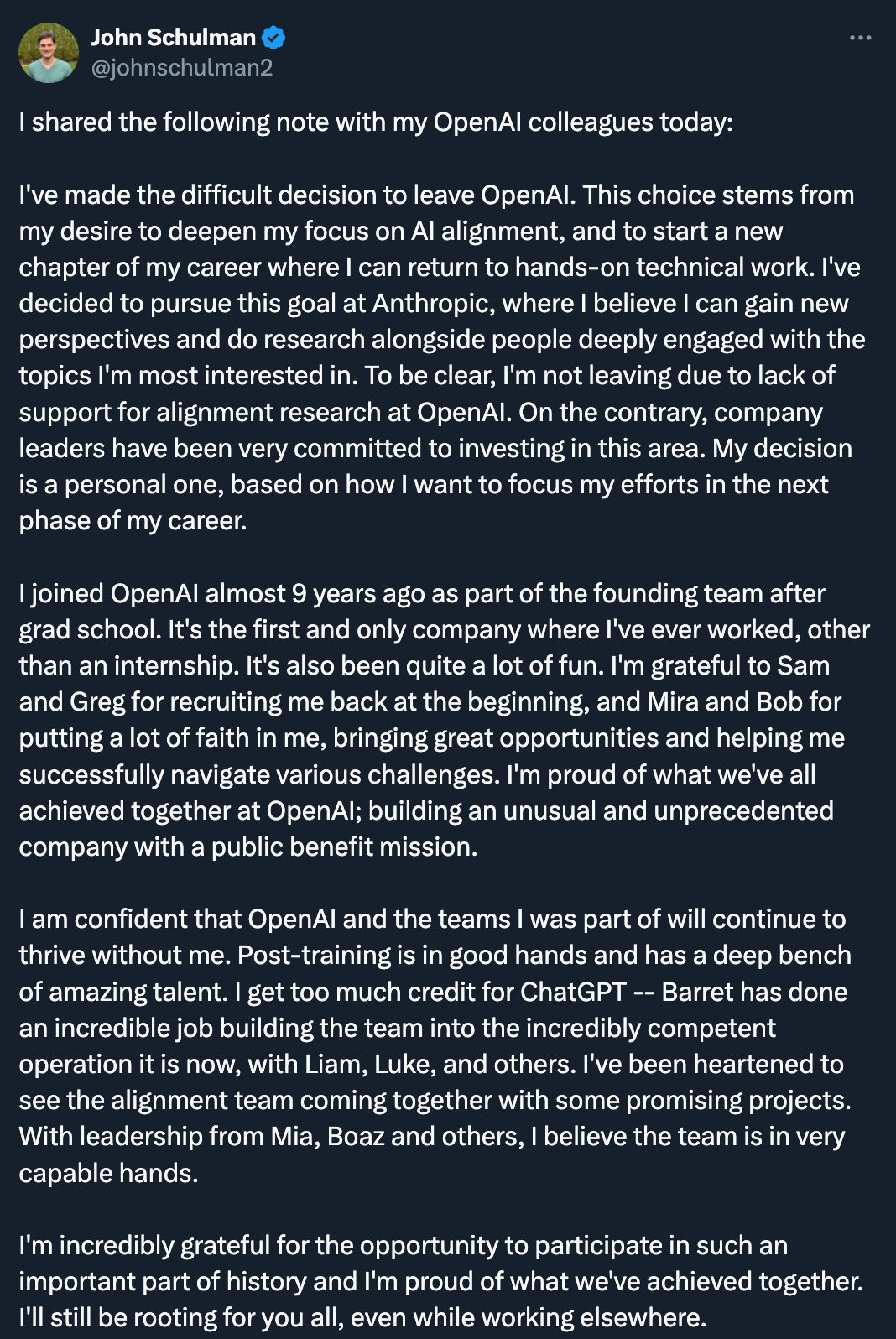 图：John Schulman 的离职说明。