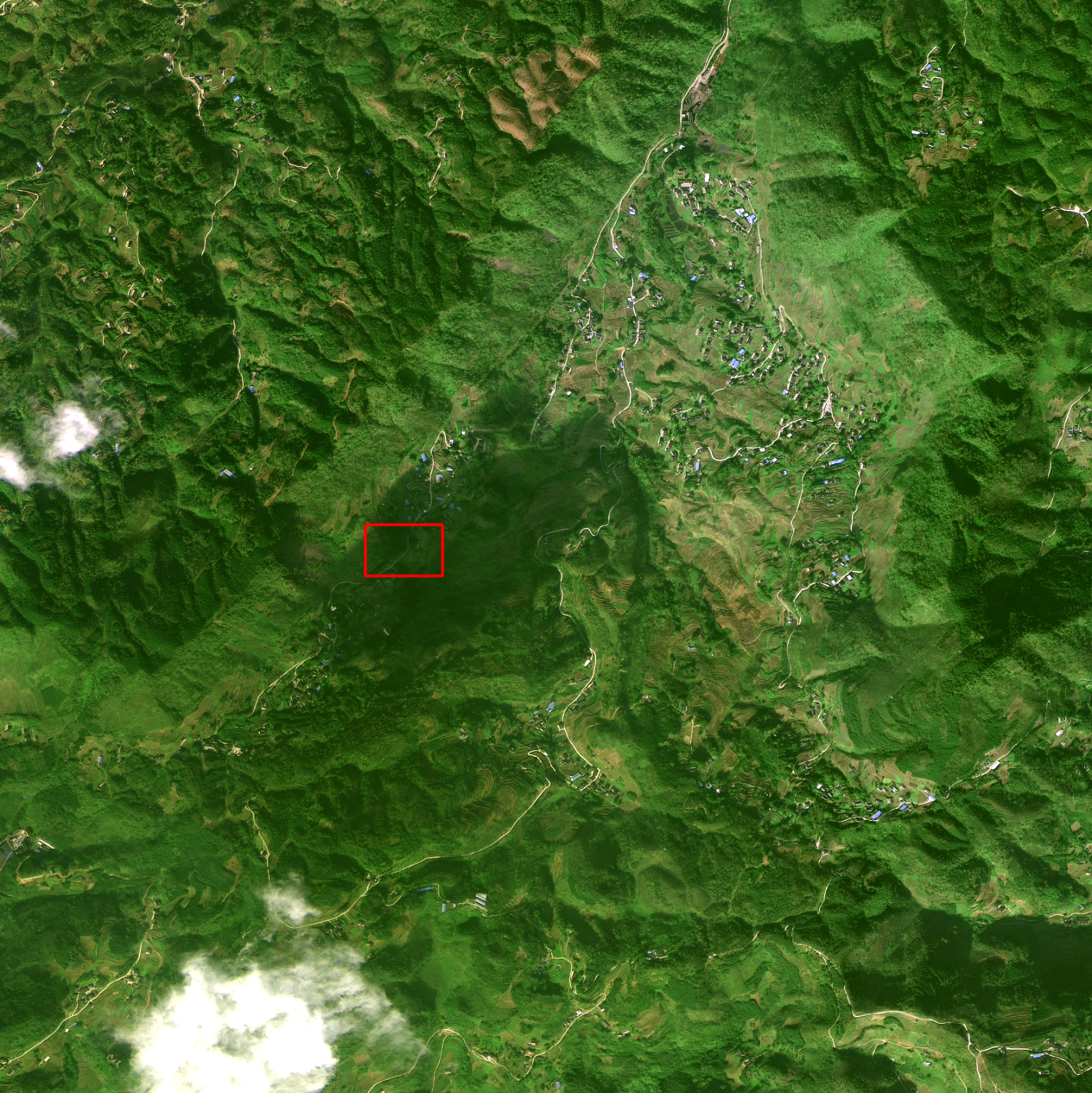 ▲东坡号卫星拍摄的四川省宜宾市筠连县沐爱镇金坪村卫星影像图