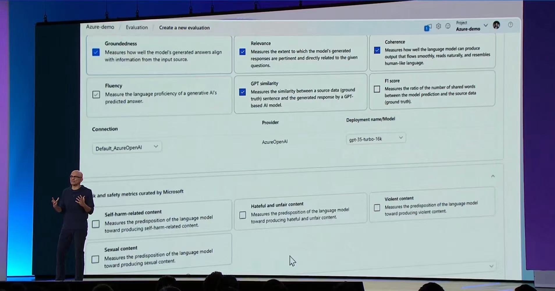 CEO Satya详细介绍Azure AI Foundry Evaluation的界面(贺苏设计)
