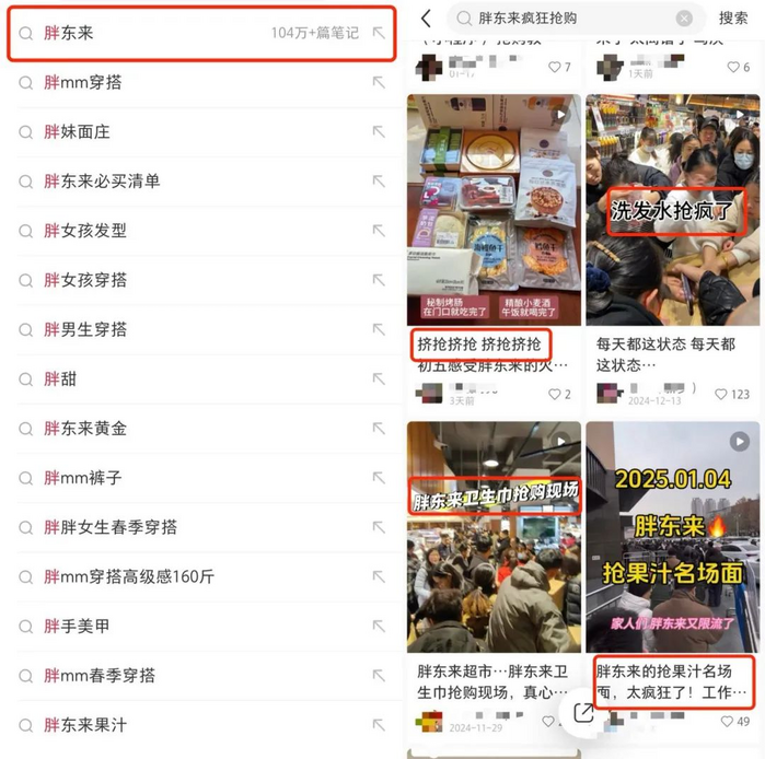 （左图：截至2025年2月7日16点50，小红书上“胖东来”相关的笔记数 右图：小红书上部分笔记截图）