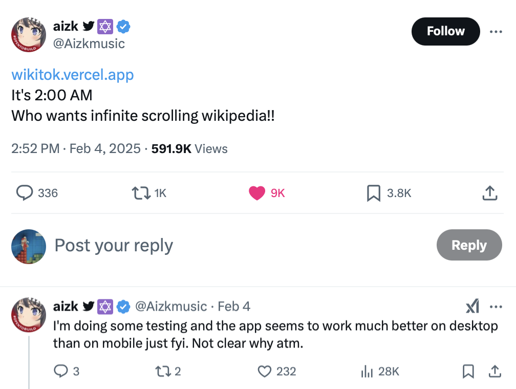 不到 24 小时，靠 AI 编程让想法成真｜ 图源：X