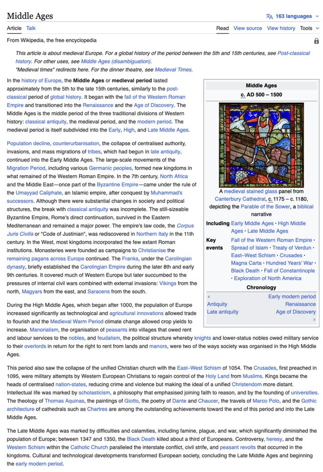 维基百科「中世纪」条目下有无数链接｜图片来源：维基百科