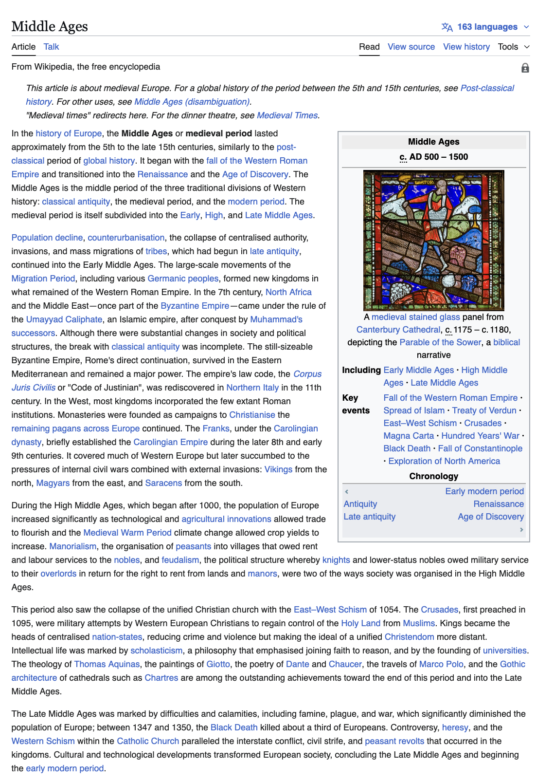 维基百科「中世纪」条目下有无数链接｜图片来源：维基百科