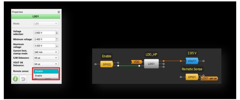 图 12.Go Configure Software Hub 中的 LDO1 设置以启用远程感应。