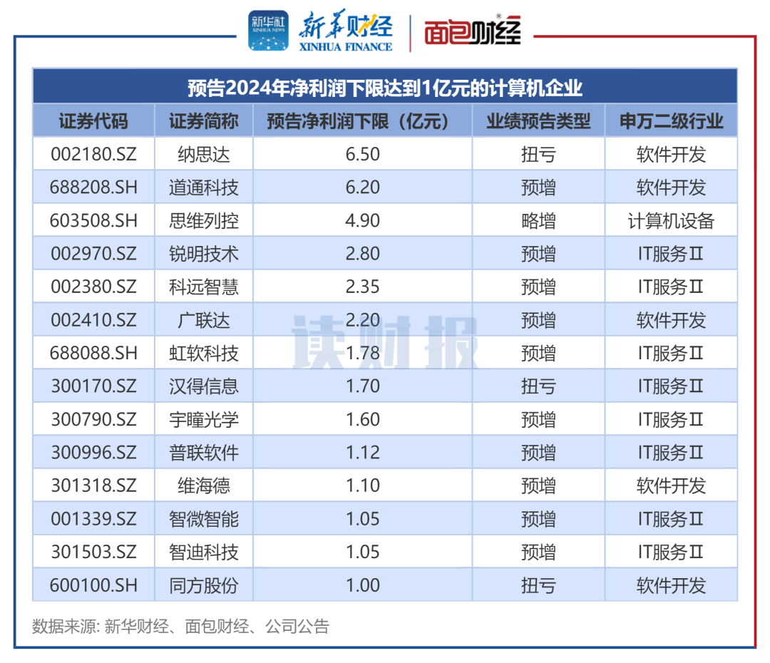 图2：预告2024年净利润下限达到1亿元的计算机企业