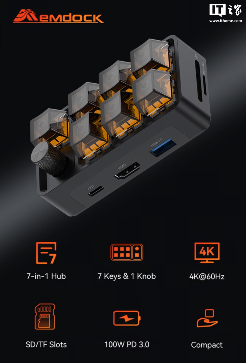 制造商推出机械键盘风格MEMDock G2 拓展坞：自带可编程按键+ 旋钮+ 多接口，849 港币