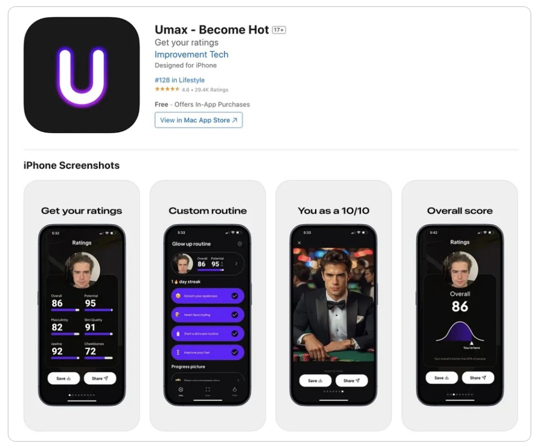 Umax 会根据上传的图片，给你的男子气概、皮肤状态、下颌线和颧骨分别打分。
