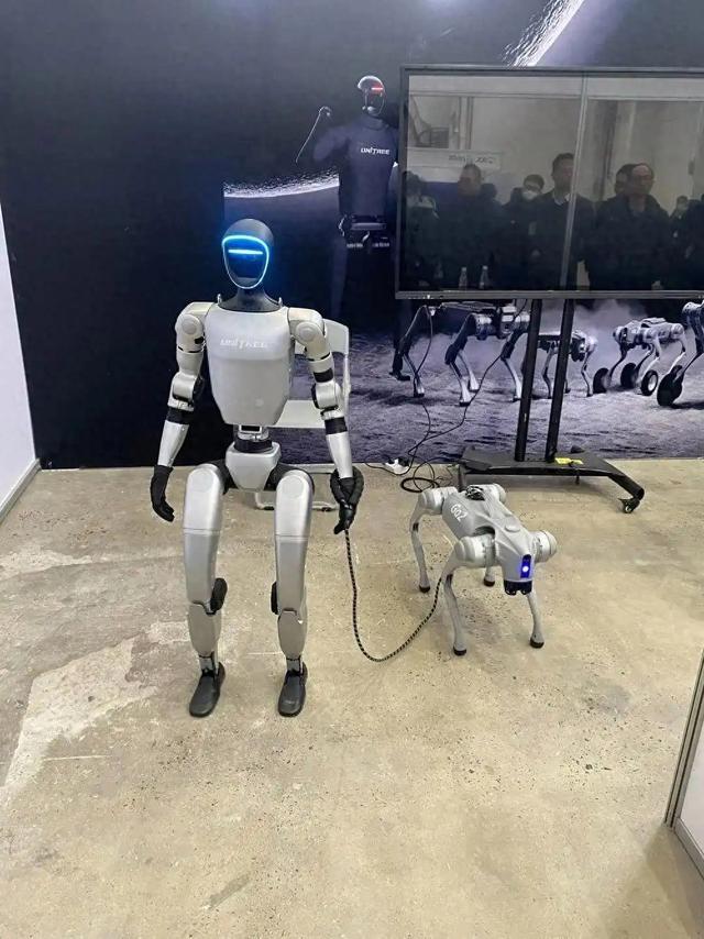 宇树人形机器人牵绳遛机器狗 引发众人围观