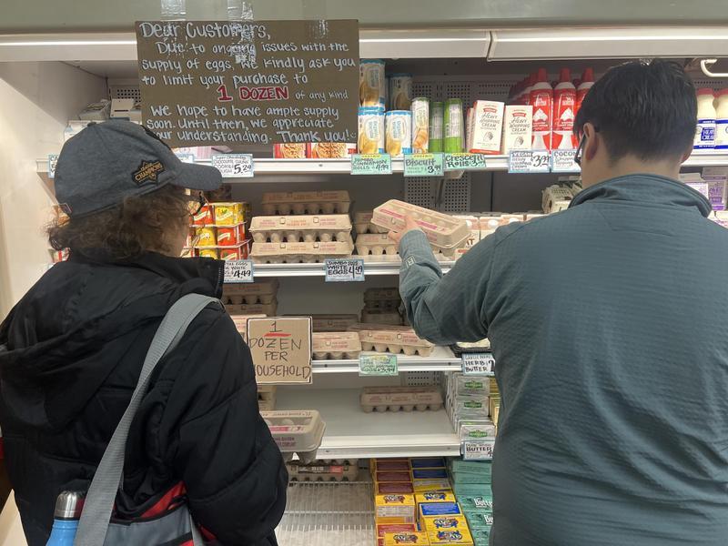 　　2月12日，顾客在美国加利福尼亚州洛杉矶县的一家食品连锁店购买鸡蛋。新华社发（曾慧摄）