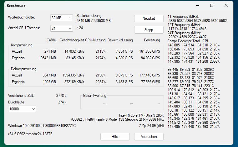 上面的截图展示了 7zip 基准测试窗口，从中可以看出，一旦应用程序最小化，性能就会下降到大约一半。